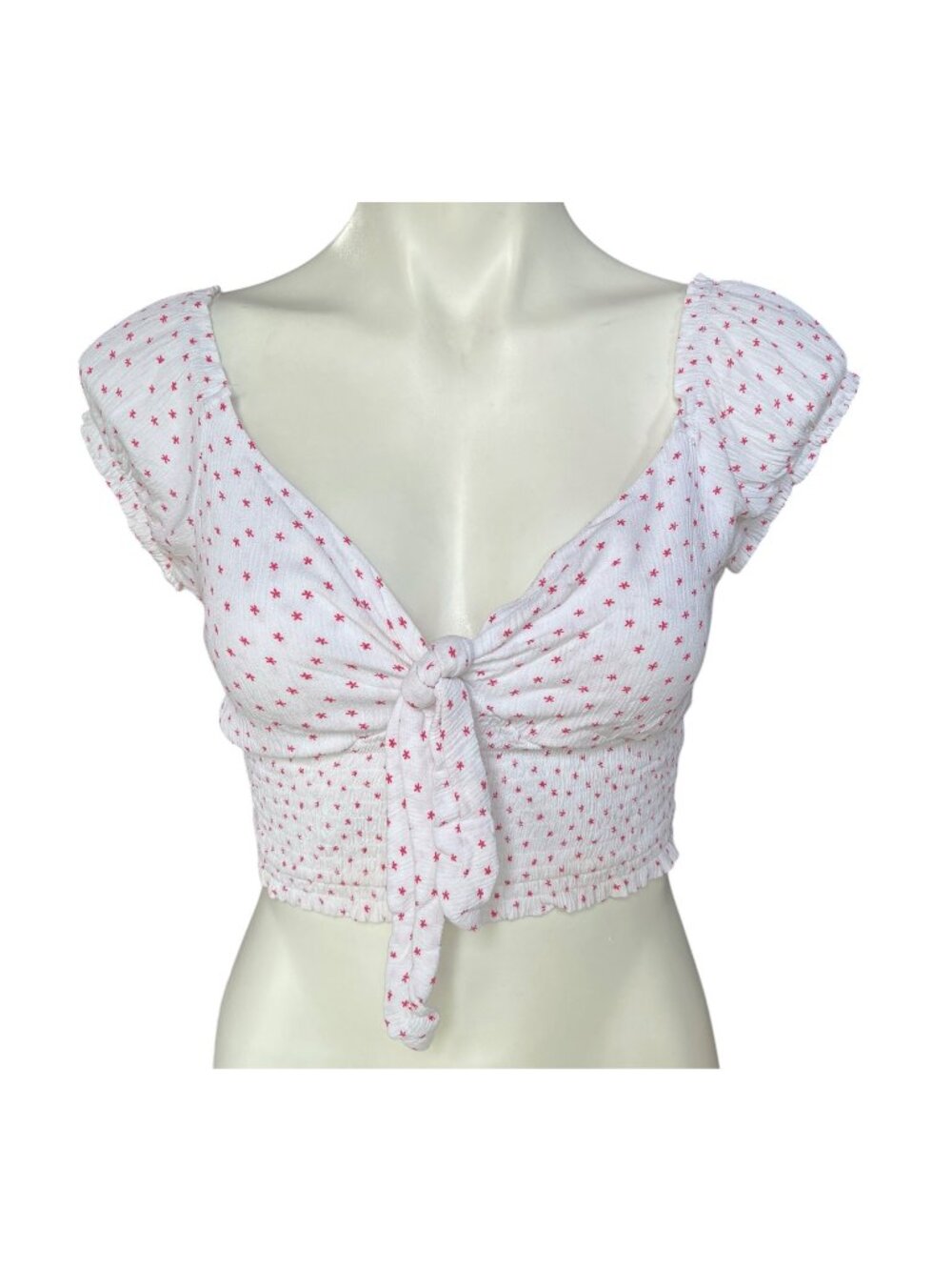 L A Hearts Crop Top Size M White w/ Red Stars Empire Gathered Waist Cap Sleeves